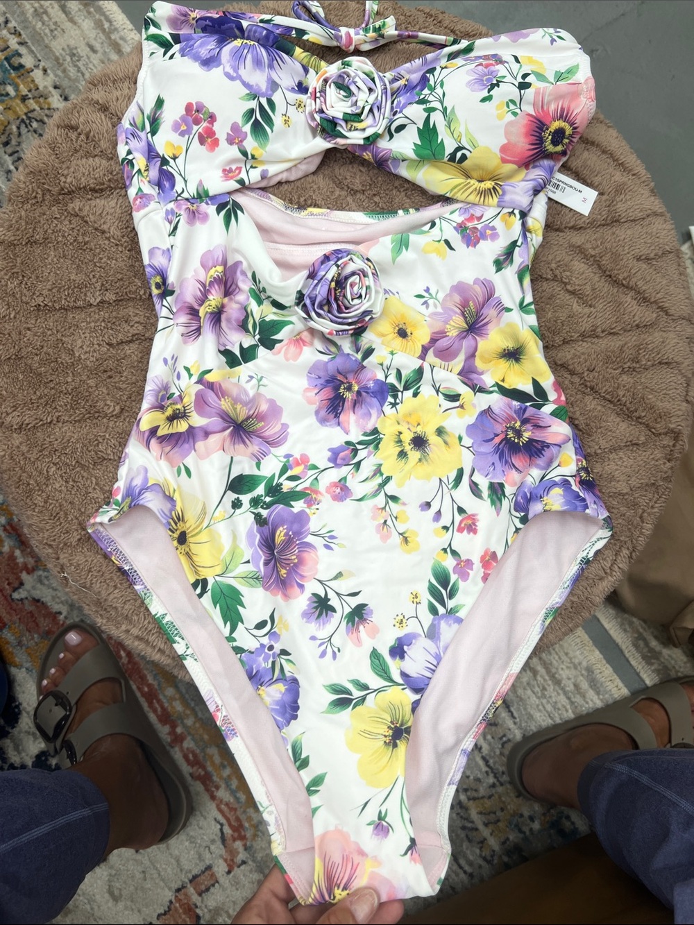 Adore Me Floral One-Piece Swimsuit in White with Purple, Yellow & Pink Flowers w